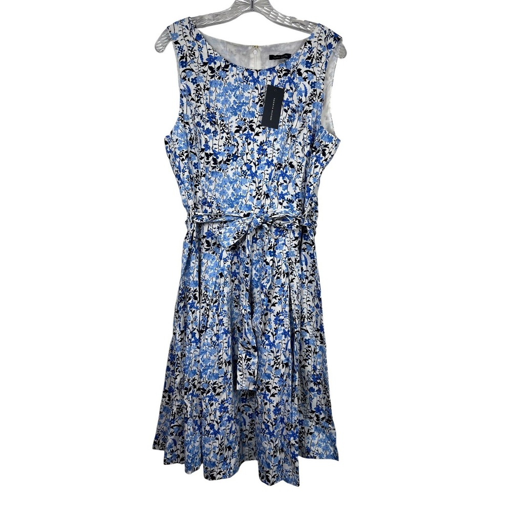 NWT $139 TOMMY HILFIGER Sz 12 Dress Blue Floral Fit & Flare Tie Belt Sleeveless - Picture 1 of 12